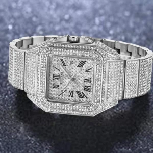 Iced Out Crystal Watch Rectangle Case Stainless Steel Quartz Bracelet Design
