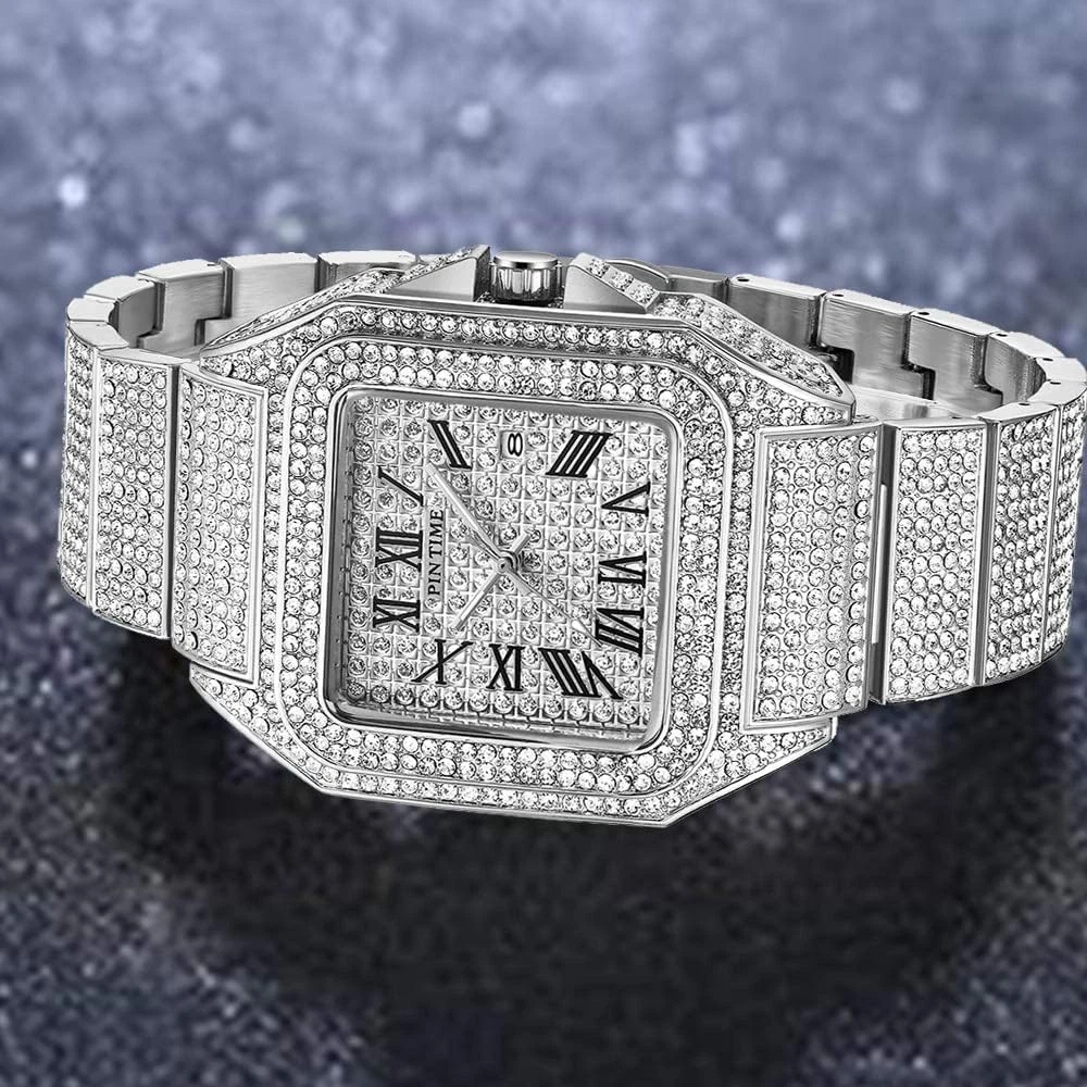 Iced Out Crystal Watch Rectangle Case Stainless Steel Quartz Bracelet Design